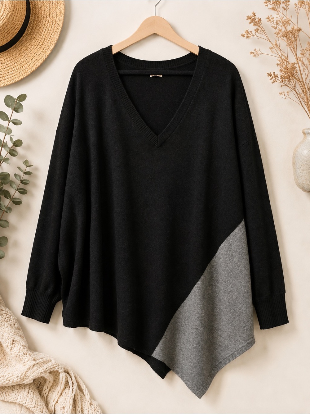 Peyton Primrose Black Gray Asymmetrical V Neck Sweater Plus Size 3X